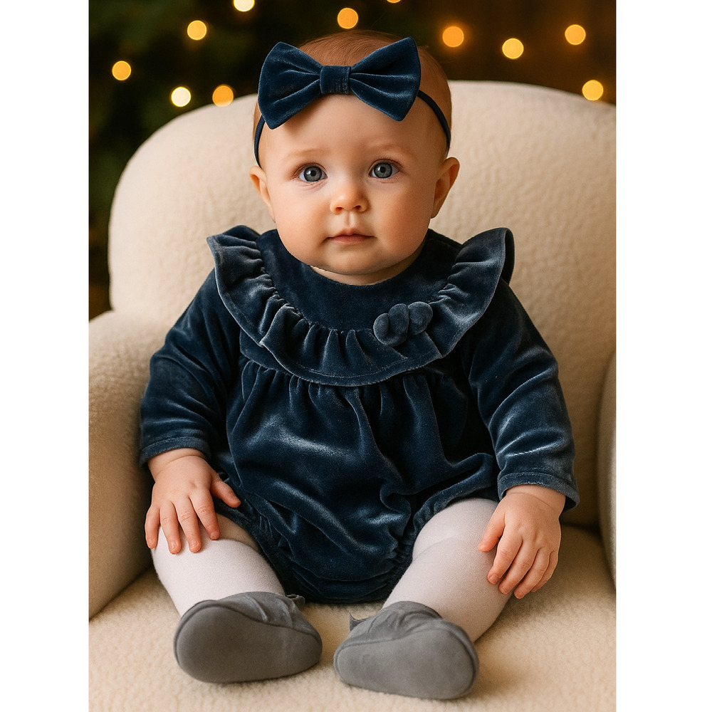 NWT Mud Pie Blue Velvet Romper Long Sleeve Ruffle One Piece Baby Girls 3-6M